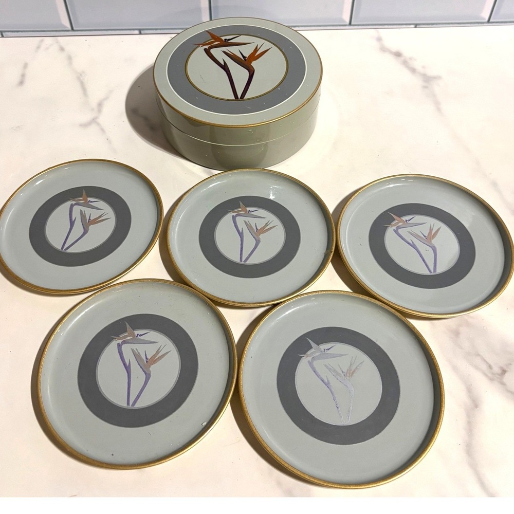 Vintage Otagiri Bird of Paradise Lacquerware Coaster Set  Japan 6pc